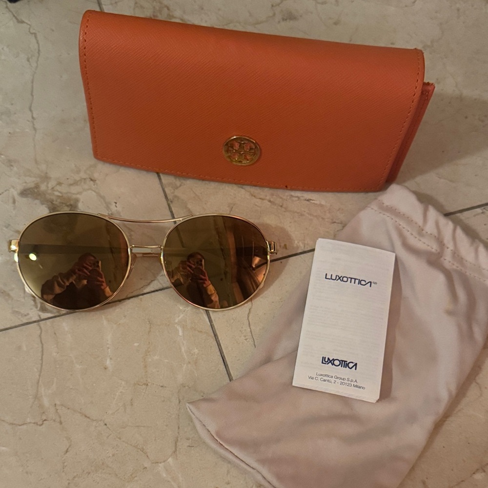 Tory Burch Gold Aviator Sunglasses with Orange Case